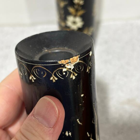 Wooden candle holders black lacquer Asian style gold & white cherry tree motif - Picture 6 of 9